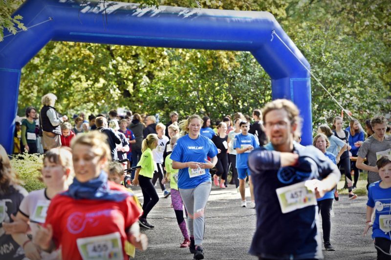 Viele Menschen laufen auf einer Laufstrecke beim HALLIANZ Spendenlauf